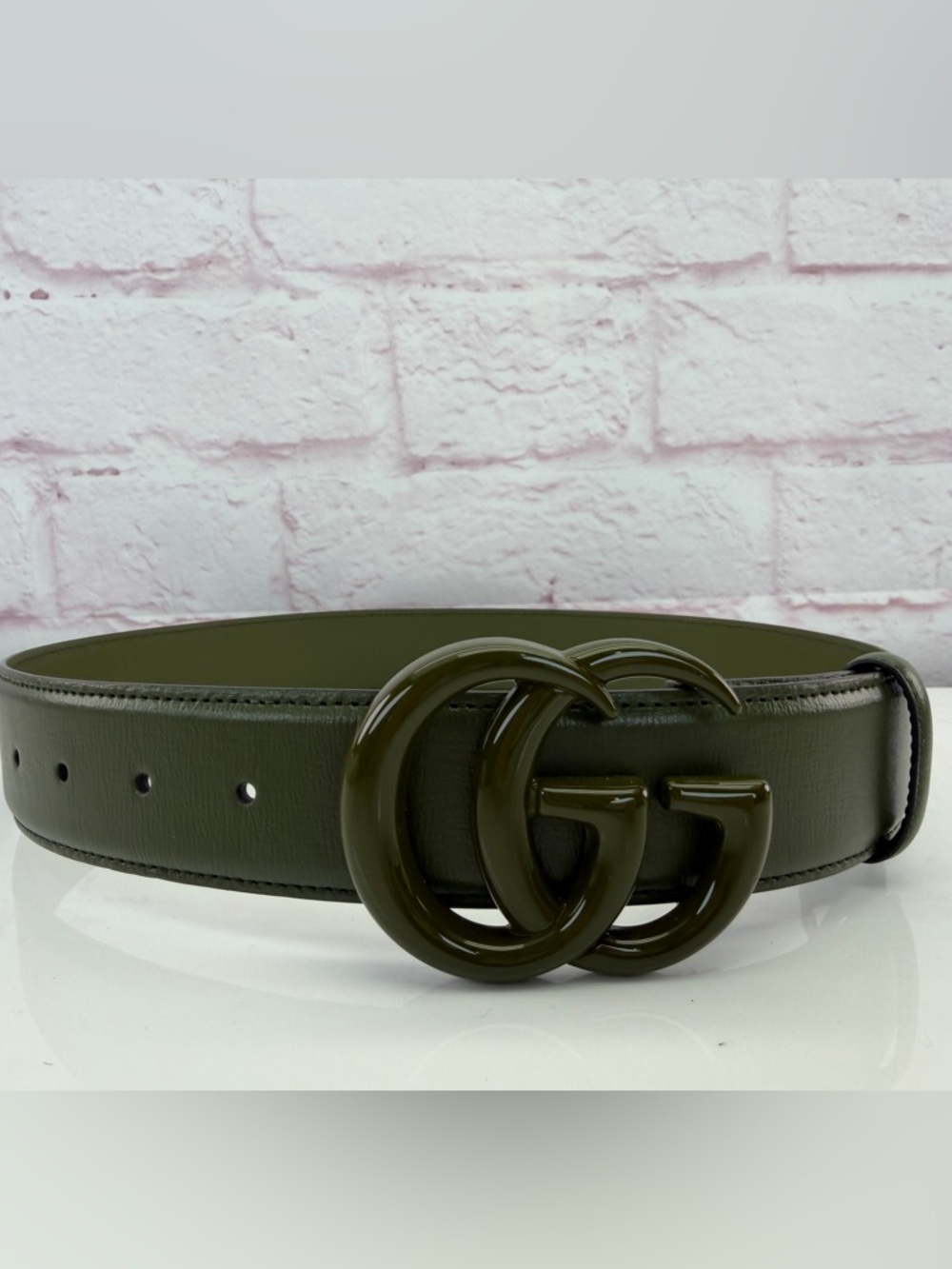 Authentic Gucci Monochrome Gg Wide Marmont Enamel Green Belt 75/30 400593